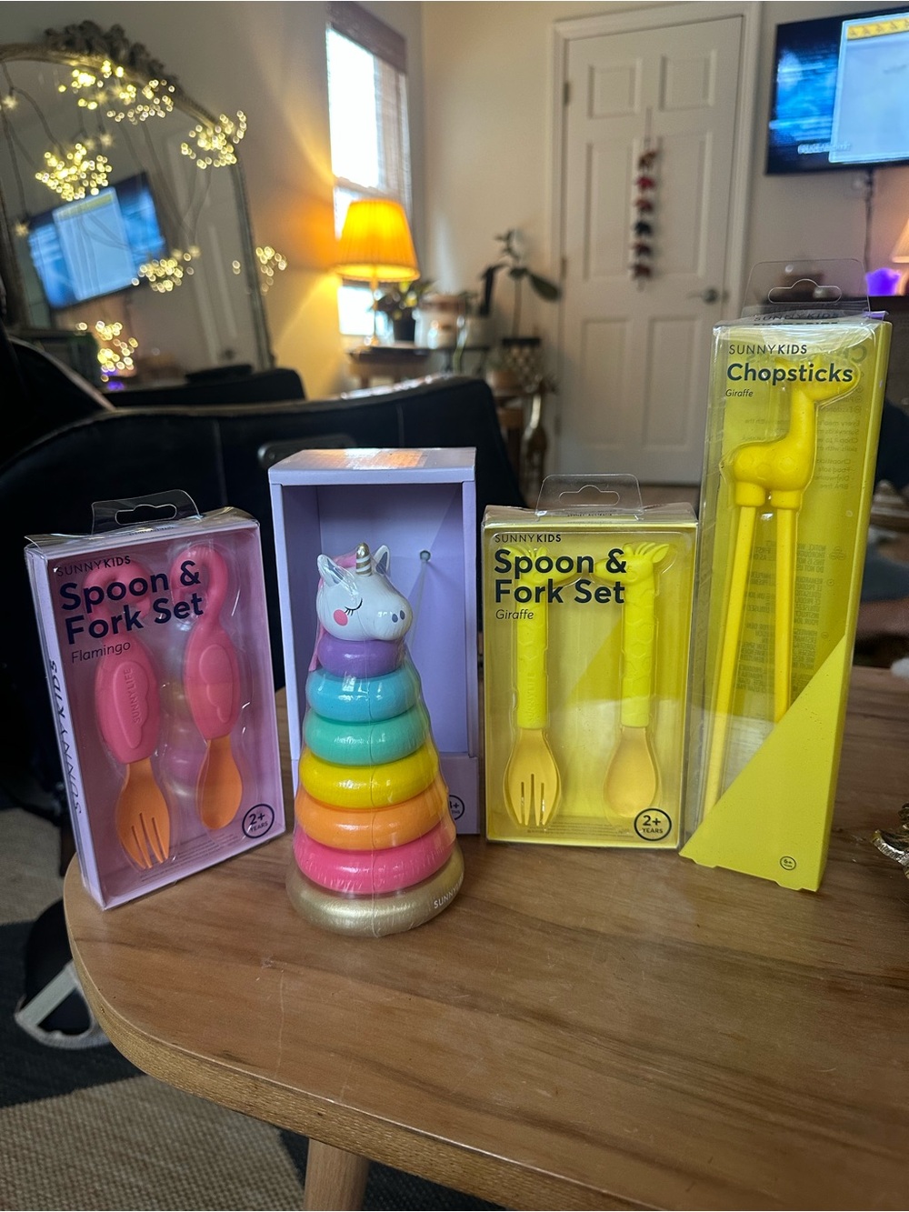 Sunny Kids Yellow gift set unicorn stacker, giraffe flamingo utensils chopsticks